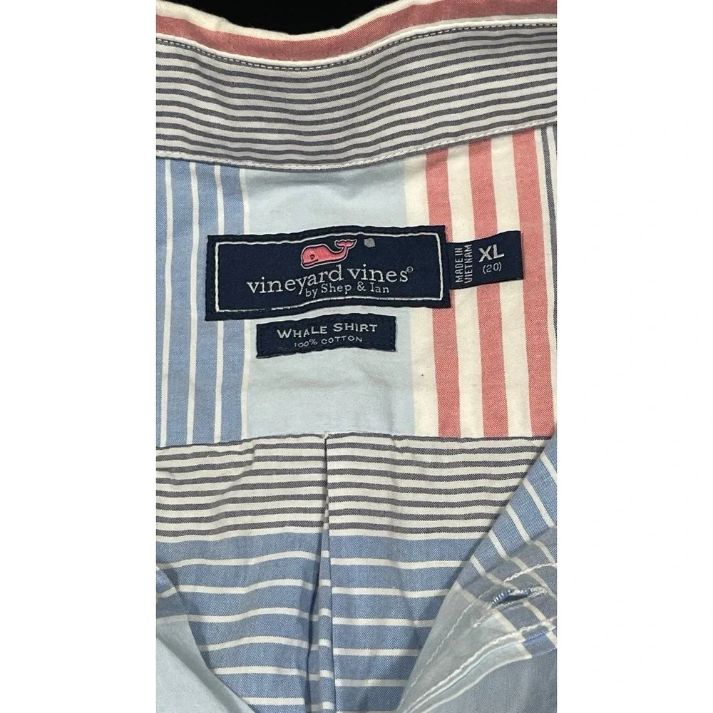 Vineyard Vines Boy's Whale Shirt Light Red Blue White Striped Short Sleeve Sz XL